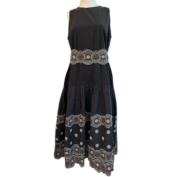 Vanessa Bruno 42 Large 12 Black Fit & Flare Midi Dress Alais Elegant Embroidered - Picture 1 of 7